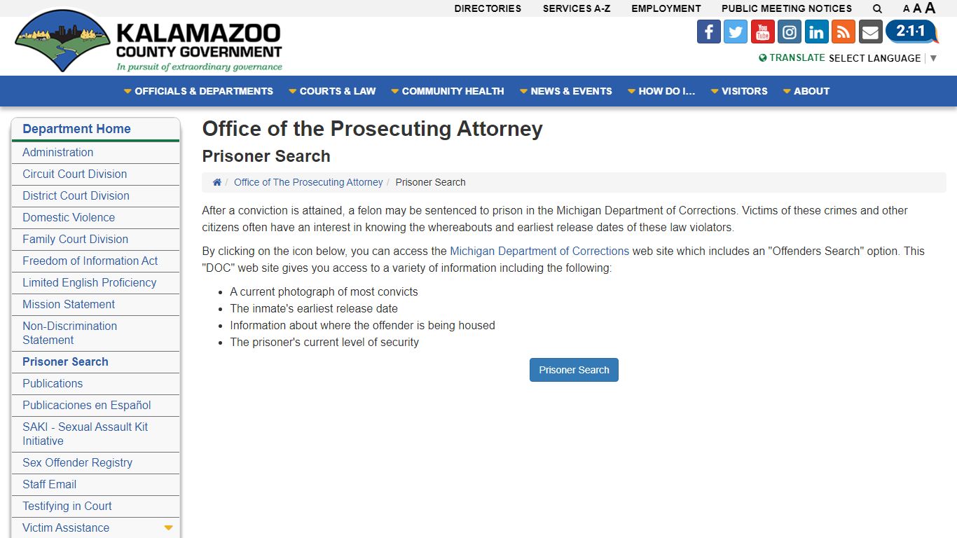 Prisoner Search - Kalamazoo Michigan County Government Web Site